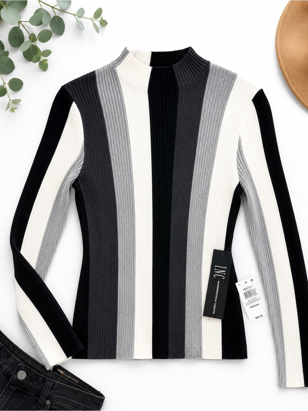 INC International Concepts Meadow 2 Ribbed Striped Mock Neck Sweater – Size M